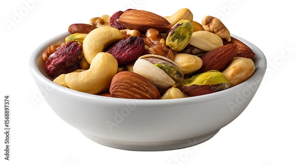 Fototapeta A white bowl filled with a healthy mix of assorted nuts and dried cranberries isolated on transparent background