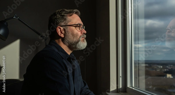 Fototapeta Contemplative Man Gazing Out Window, Lost in Thought