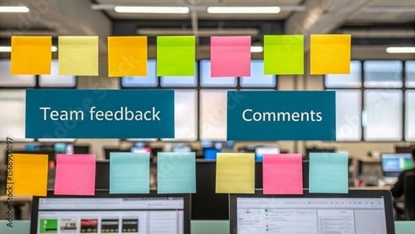 Fototapeta Remote team workflow boosts efficiency. Workstation with colorful sticky notes for team feedback and comments displayed on a collaborative board.