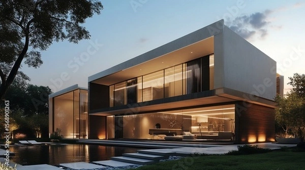 Fototapeta Contemporary waterfront residence basking in the soft twilight glow