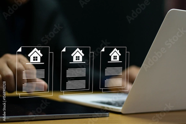 Fototapeta Businessman doing property management documents online with house icon and digital residence contract. Investment planning, transaction management.