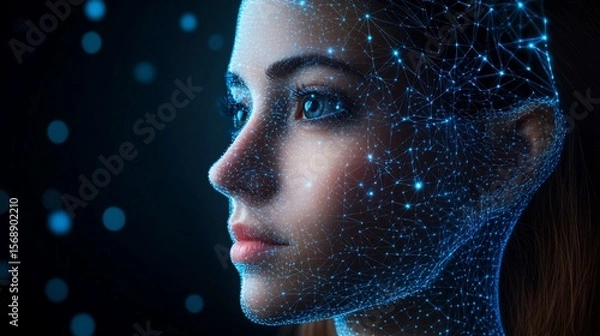 Fototapeta Futuristic Woman with Digital Network on Face, Artificial Intelligence Concept