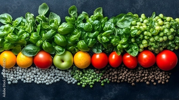 Fototapeta Vibrant array of fresh produce: basil, tomatoes, oranges, apple,