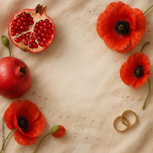 Obraz Romantic wedding scene with golden rings, vibrant red poppy flowers, and fresh pomegranate fruits on a rustic background. Invitations, celebration cards. Floral wedding designs. Copy space.