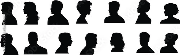 Fototapeta Profile silhouette of male and female faces in side view, black vector illustration, avatar head icons, diverse people template