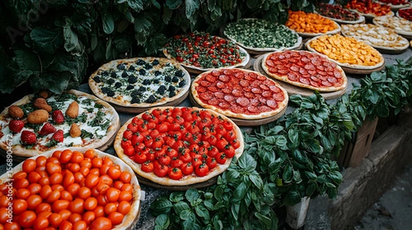 Fototapeta Colorful pizza assortment various toppings fresh ingredients overhead view