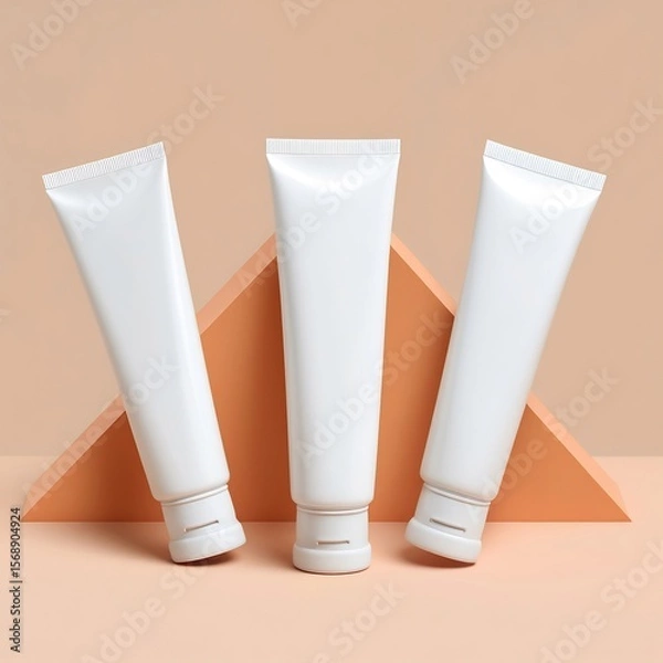 Fototapeta Three sleek white cosmetic tubes arranged in a triangle composition on a soft pastel gradient background, different angles (front, side, diagonal), minimal shadow, no text or logo.