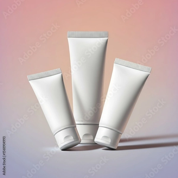 Fototapeta Three sleek white cosmetic tubes arranged in a triangle composition on a soft pastel gradient background, different angles (front, side, diagonal), minimal shadow, no text or logo.
