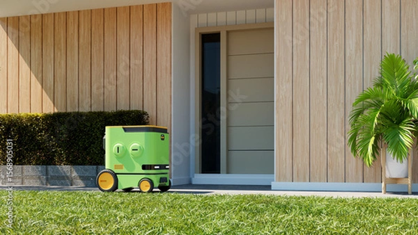 Obraz Smart delivery robot in front of modern wooden house- 3D rendering