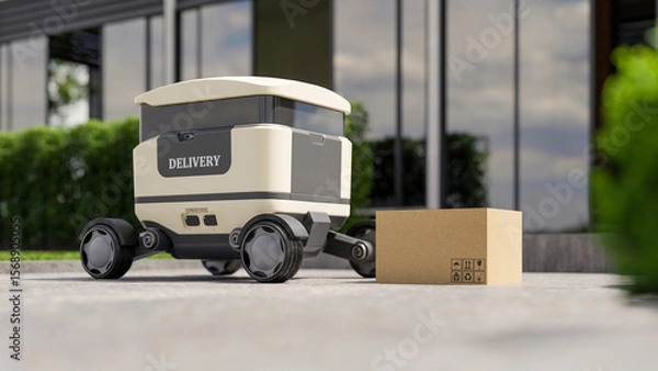Obraz Autonomous delivery robot with package outside modern building- 3D rendering
