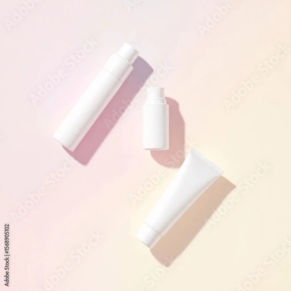 Fototapeta Three sleek white cosmetic tubes arranged in a triangle composition on a soft pastel gradient background, different angles (front, side, diagonal), minimal shadow, no text or logo