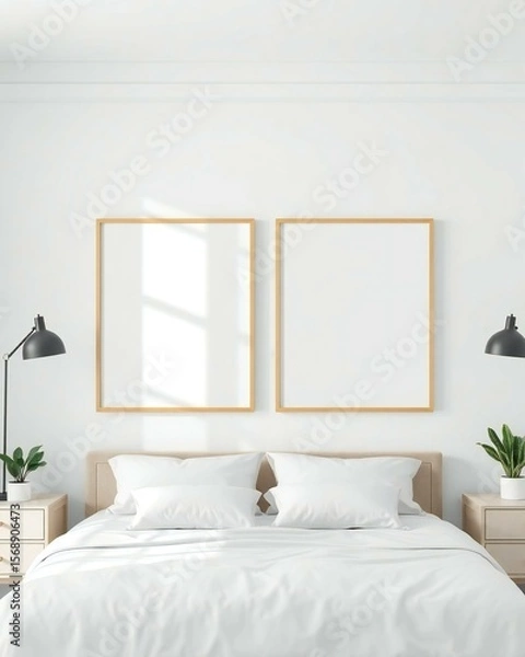 Fototapeta Minimalist bedroom with two square mockup frames above a white duvet bed