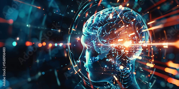 Fototapeta Abstract brain with illuminated neural pathways in dark setting

