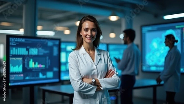 Obraz A female scientist leading a team presentation in a high-tech lab with complex data on a large screen Her poised stance and confident gestures underscore her expertise A powerful image of women making