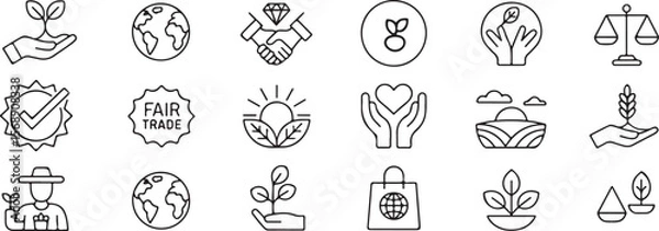 Fototapeta Fair Trade, Sustainability line icon set. Vector pictograms of ethical practices, eco-friendly initiatives, global responsibility, thin linear illustration.Vector icon set of fair trade .