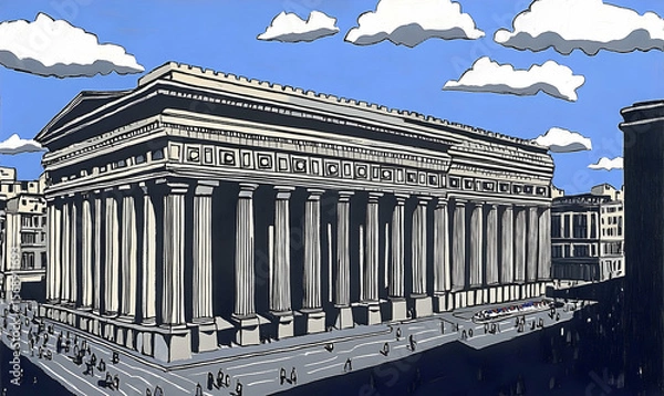 Fototapeta Graphic illustration of a classical building with columns and pe