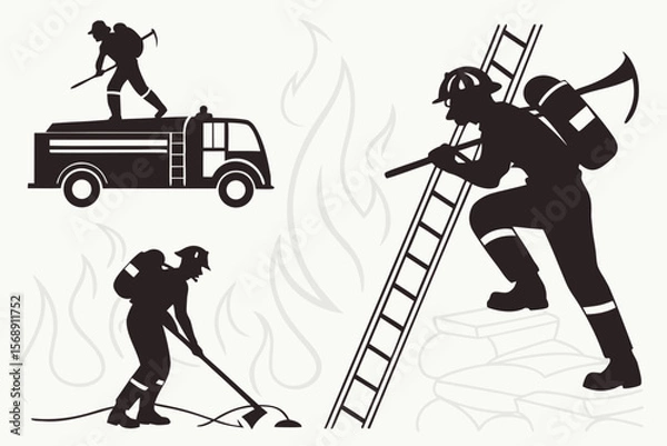 Fototapeta Firefighter Silhouettes — Heroes in Action, Fire Hose, Helmet, Truck, Rescue Scene for Apparel, Decals & Signage

