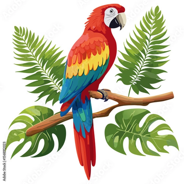 Obraz Macaw parrot sitting on a branch with palm leaves color vector illustration. Image of exotic bird on isolated background.
