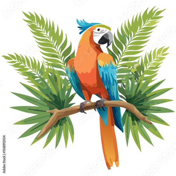 Obraz Macaw parrot sitting on a branch with palm leaves color vector illustration. Image of exotic bird on isolated background.