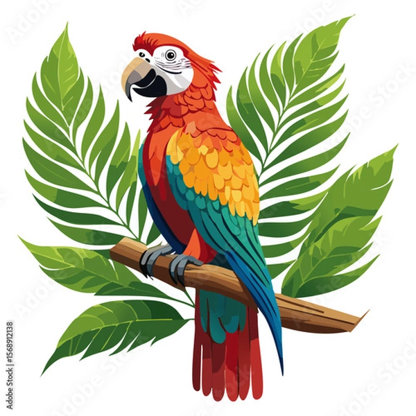 Obraz Macaw parrot sitting on a branch with palm leaves color vector illustration. Image of exotic bird on isolated background.