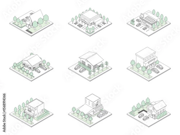 Obraz 建物の立体的なイラスト. アイソメトリック画法. 線画.
