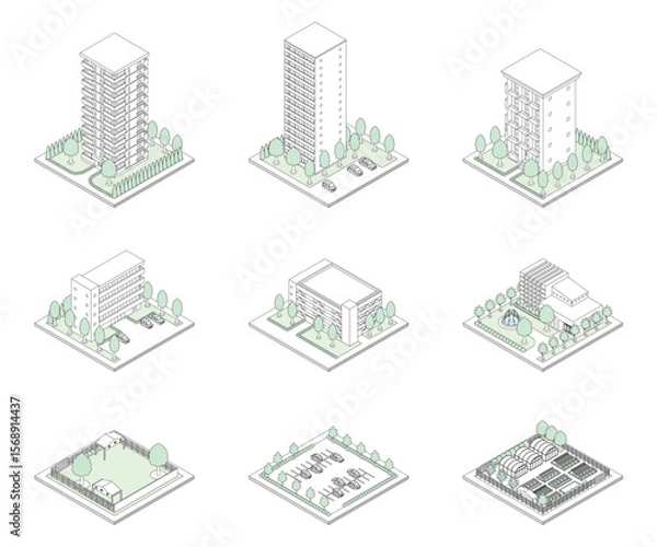 Obraz 建物の立体的なイラスト. アイソメトリック画法. 線画.