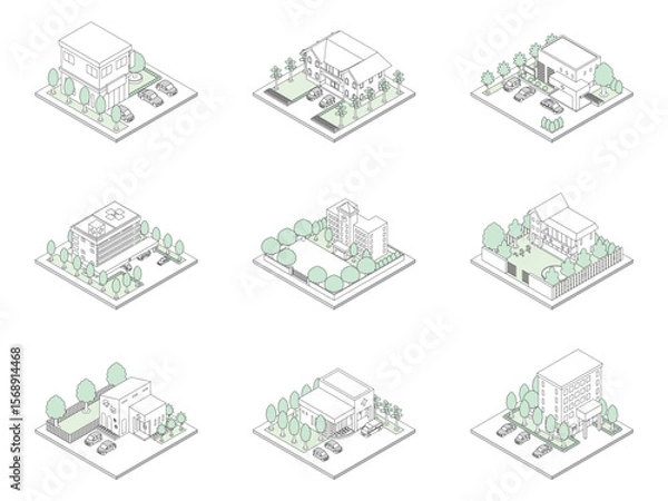 Obraz 建物の立体的なイラスト. アイソメトリック画法. 線画.