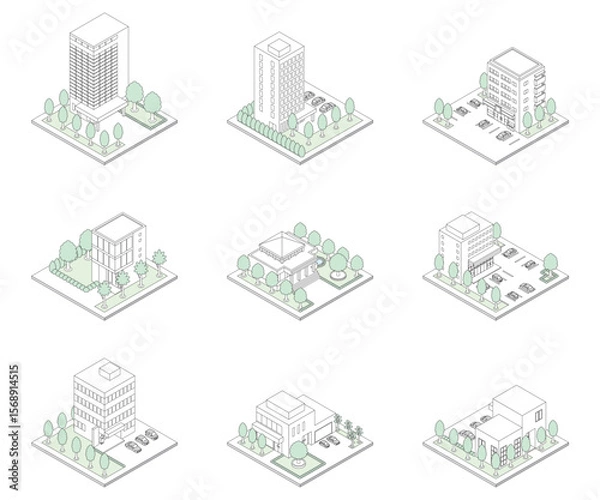 Fototapeta 建物の立体的なイラスト. アイソメトリック画法. 線画.