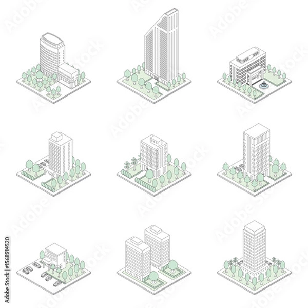 Obraz 建物の立体的なイラスト. アイソメトリック画法. 線画.