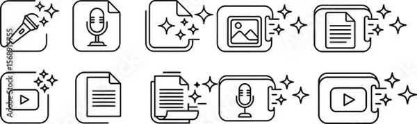 Fototapeta Vector art showcases digital media content icons including audio, documents, videos, and images, all designed with clean lines and sparkling effects for web and graphic design projects.