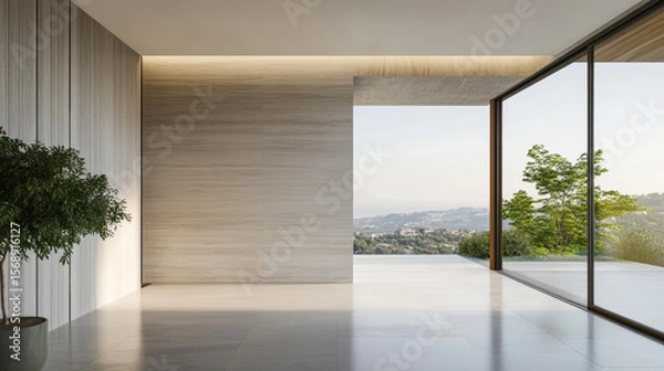 Fototapeta Modern interior design of a minimalist space with large windows overlooking a scenic landscape during daylight hours