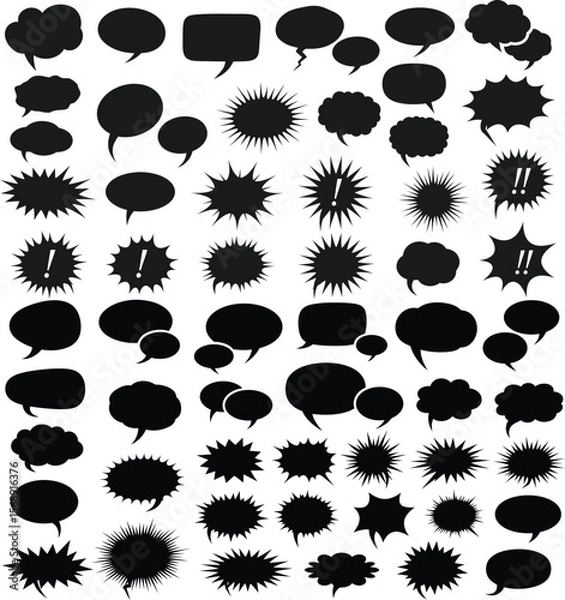 Fototapeta Collection of speech bubbles in black silhouette, a diverse set of communication symbols for design elements and creative projects on a white backdrop.