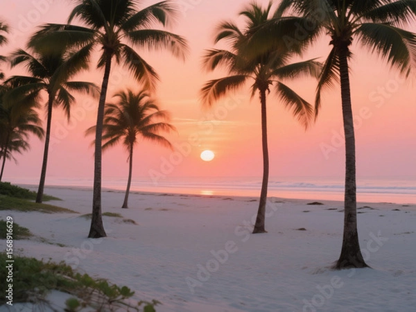 Obraz A serene tropical scene featuring the sun setting behind palm trees on a pristine white sand beach with gentle waves and a pink sky. Ideal for travel editorials, tropical wallpapers