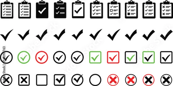 Fototapeta Illustration showcases a variety of check marks, crosses, and checklist icons, suitable for business, education, and project management contexts providing a visual representation.
