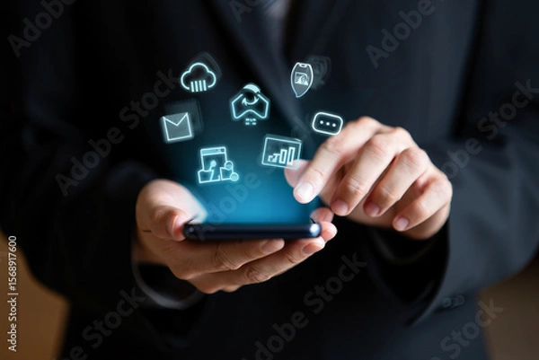 Fototapeta A businessman interacts with digital icons on a smartphone screen