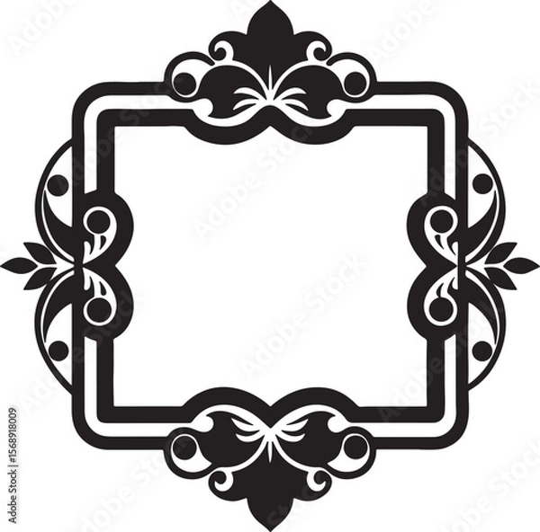 Fototapeta Ornate decorative square frame with floral elements silhouette isolated on white background