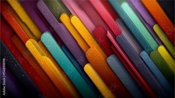 Fototapeta Colorful stripes creating abstract pattern with water droplets reflections. AI generated.
