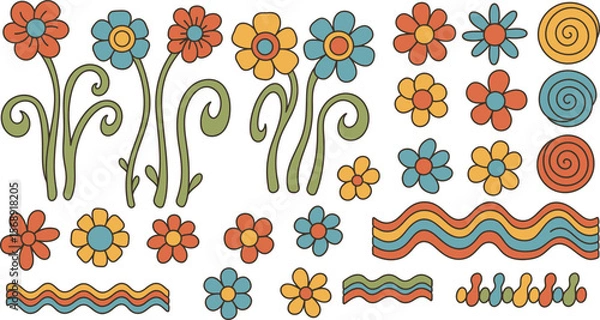Fototapeta A vintage vibe blooms with these retro flower power designs in a seamless pattern, perfect for creating groovy textiles, wallpapers, and unique seventies inspired decorations.