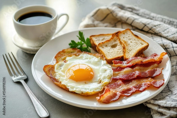 Fototapeta Homemade American breakfast. Fried eggs with bacon and toast, a cup of coffee and a fork on a white table. Healthy breakfast. The concept of healthy eating. Morning sunlight