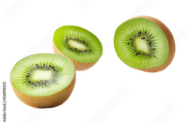 Obraz Isolated falling kiwi pieces on a white background showcasing fresh, vibrant green fruit with brown skin and tiny seeds