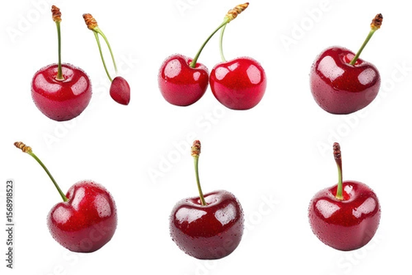 Obraz Juicy and vibrant cherry collection showcasing various fresh cherries with water droplets in clear background