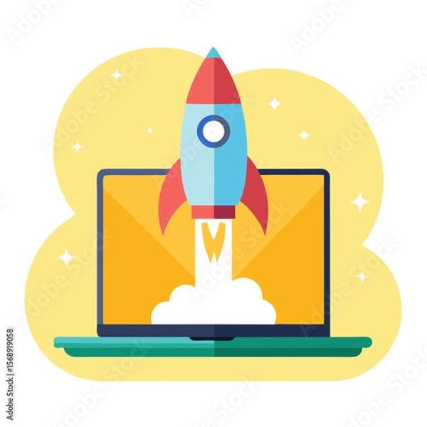 Fototapeta Rocket Launching From Laptop Vector Illustration