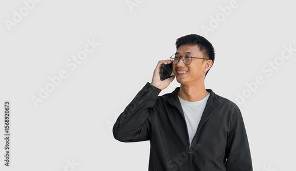 Obraz Young Asian man in his 20s wear glasses and wearing a black coat is talking on the phone standing on a gray background. Long-distance communication concept. Happy conversation. Smile on the face
