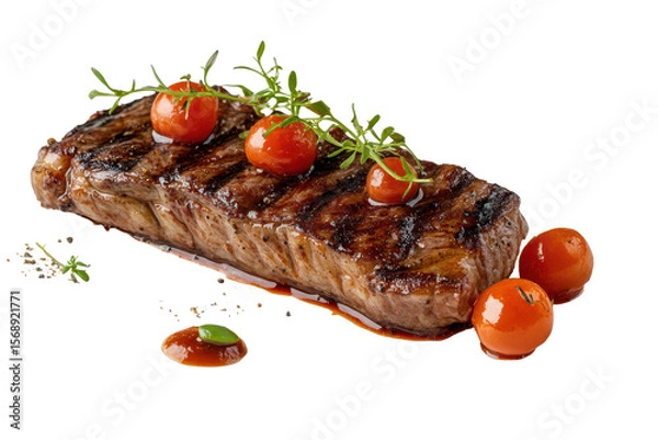 Obraz Realistic Fiorentina steak served on a white plate with grilled tomatoes and an herb garnish on a sunny afternoon