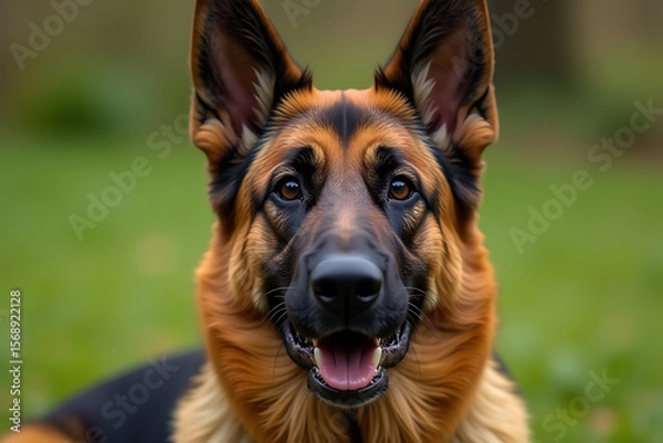 Fototapeta German Shepherd Dog with Alert Ears and Open Mouth on Green Grass

