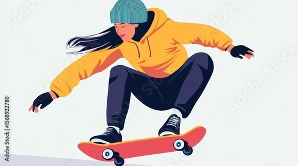 Fototapeta Isolated Character of a Cool Girl Skating on a Light Background