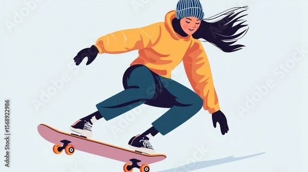 Fototapeta Isolated Character of a Cool Girl Skating on a Light Background