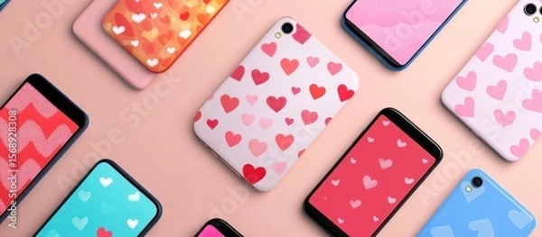 Fototapeta Colorful phone cases with repeating heart patterns on a pastel background