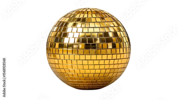 Fototapeta A single golden disco ball with many reflective mirrored squares isolated on transparent background
