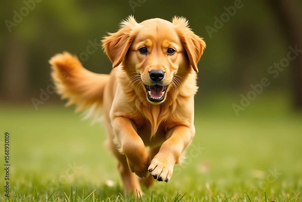 Fototapeta Golden Retriever Puppy Running Joyfully Through Grassy Field

